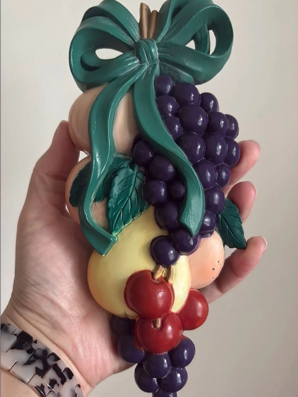 Vintage Teal Bow Fruit Wall Accent with Purple Grapes and Red Cherries